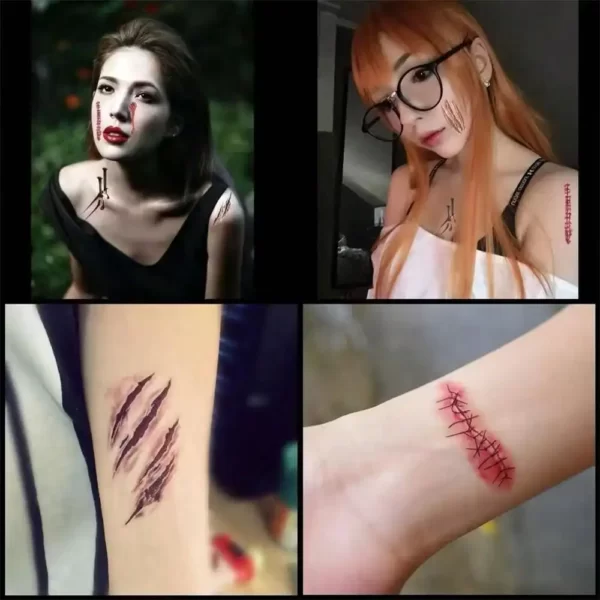 Autocollant de Tatouage Temporaire Effrayant pour Halloween, 5 Pièces, Cicatrice de Plaies Réalistes, Sang, Couteau Sanglanté, Étanche 4