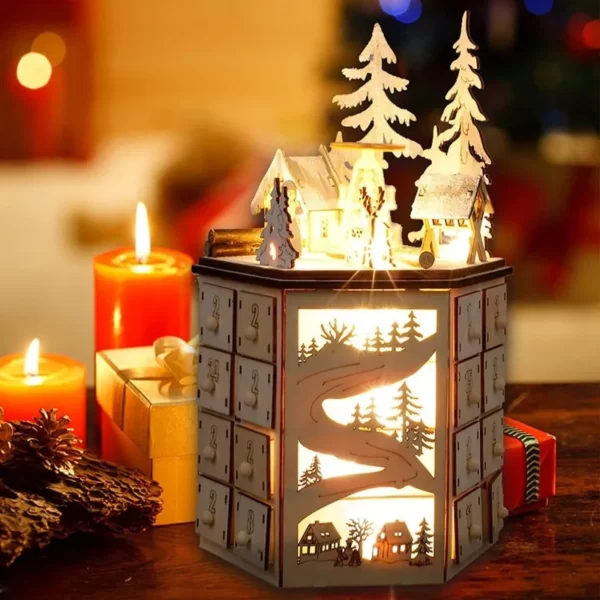 Calendrier de Noël avec musique rotative LED créative, compte à rebours 24, calendrier de Noël pour la maison, ornements de Noël en bois 1