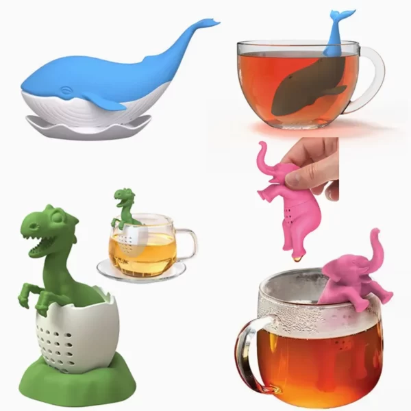 Infuseur à thé en silicone réutilisable sans BPA, passoire à thé, filtre à thé noir, dinosaure mignon, éléphant et baleine, cuir chevelu adt 1