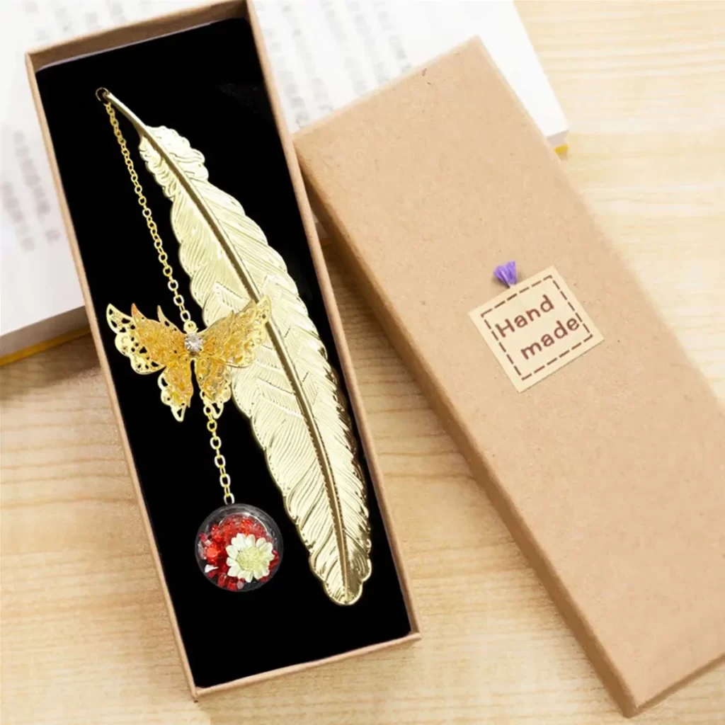 Marque-page plume en métal de style chinois, créatif et important, fleur séchée, papillon, cuir chevelu, étudiant, cadeau de la journée des enseignants, 1 pièce 13