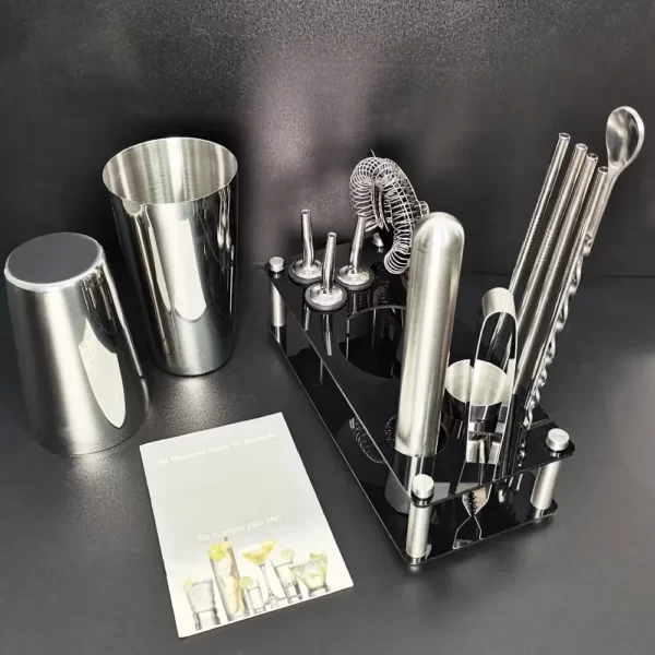 Ensemble de Shaker à Cocktail en Acier Inoxydable, Outils de Bar avec Support Noir, Shaker de 750ml, Jigger, Cuillère, Verseurs, 13 Pièces, 600ml, 750ml 5